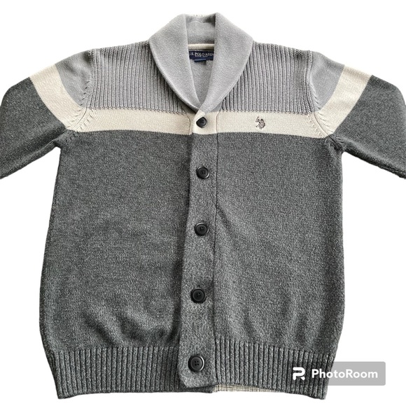 US Polo Assn Men’s Grey Stripe Cardigan Collared Button Down Embroidered Logo - Picture 10 of 11